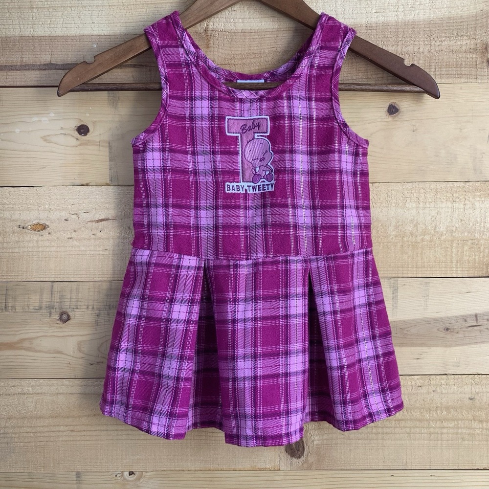 Vintage 24mo Girls Tweety Jumper Dress Pink Plaid 90's Y2K Looney Tunes